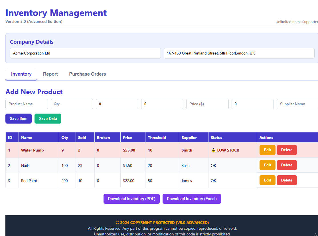 Inventory Management System V5.0 Advanced — Dashboard Overview