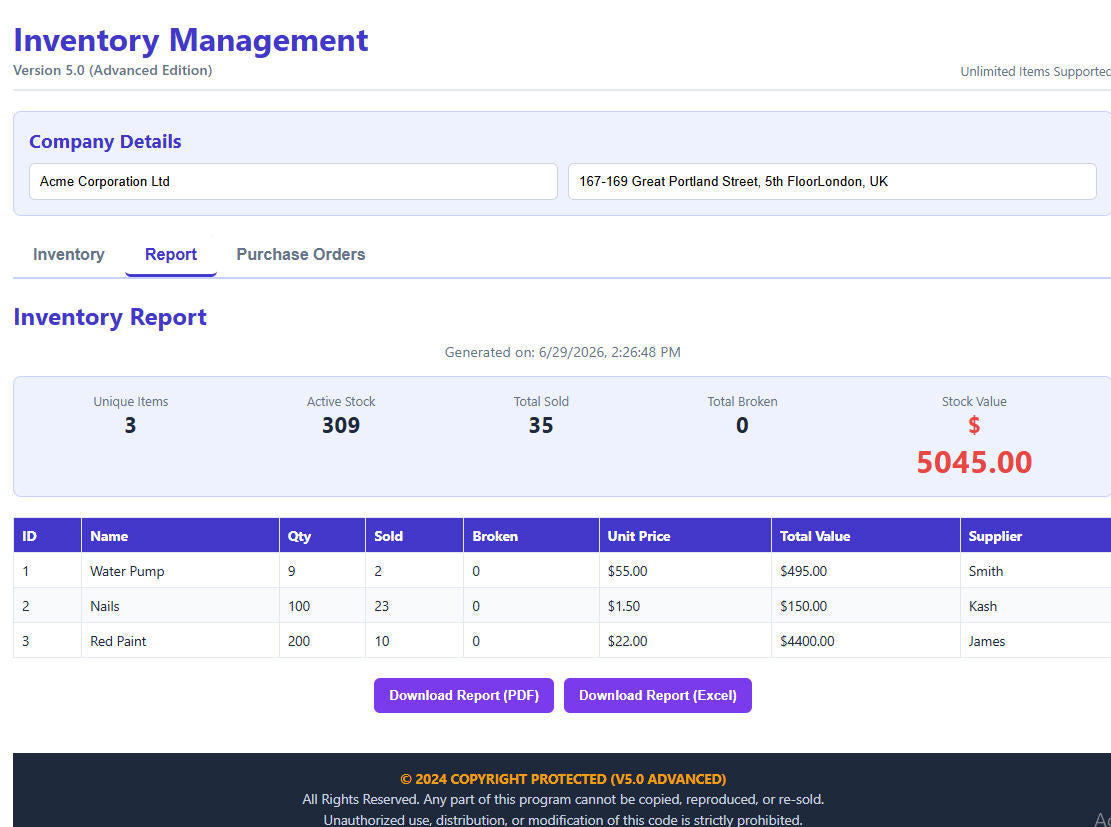Inventory Management System V5.0 Advanced — Inventory Tab