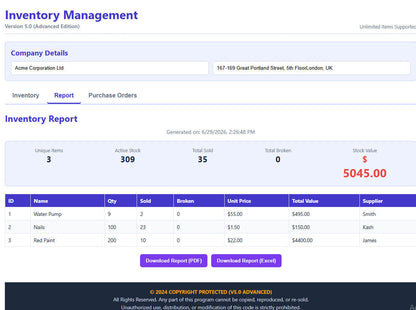 Inventory Management System V5.0 Advanced — Inventory Tab