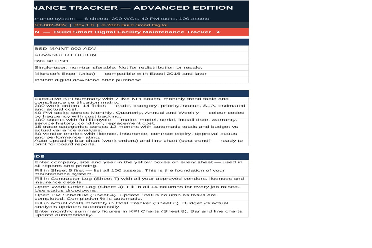 Facility Maintenance Tracker Dashboard — Advanced Edition